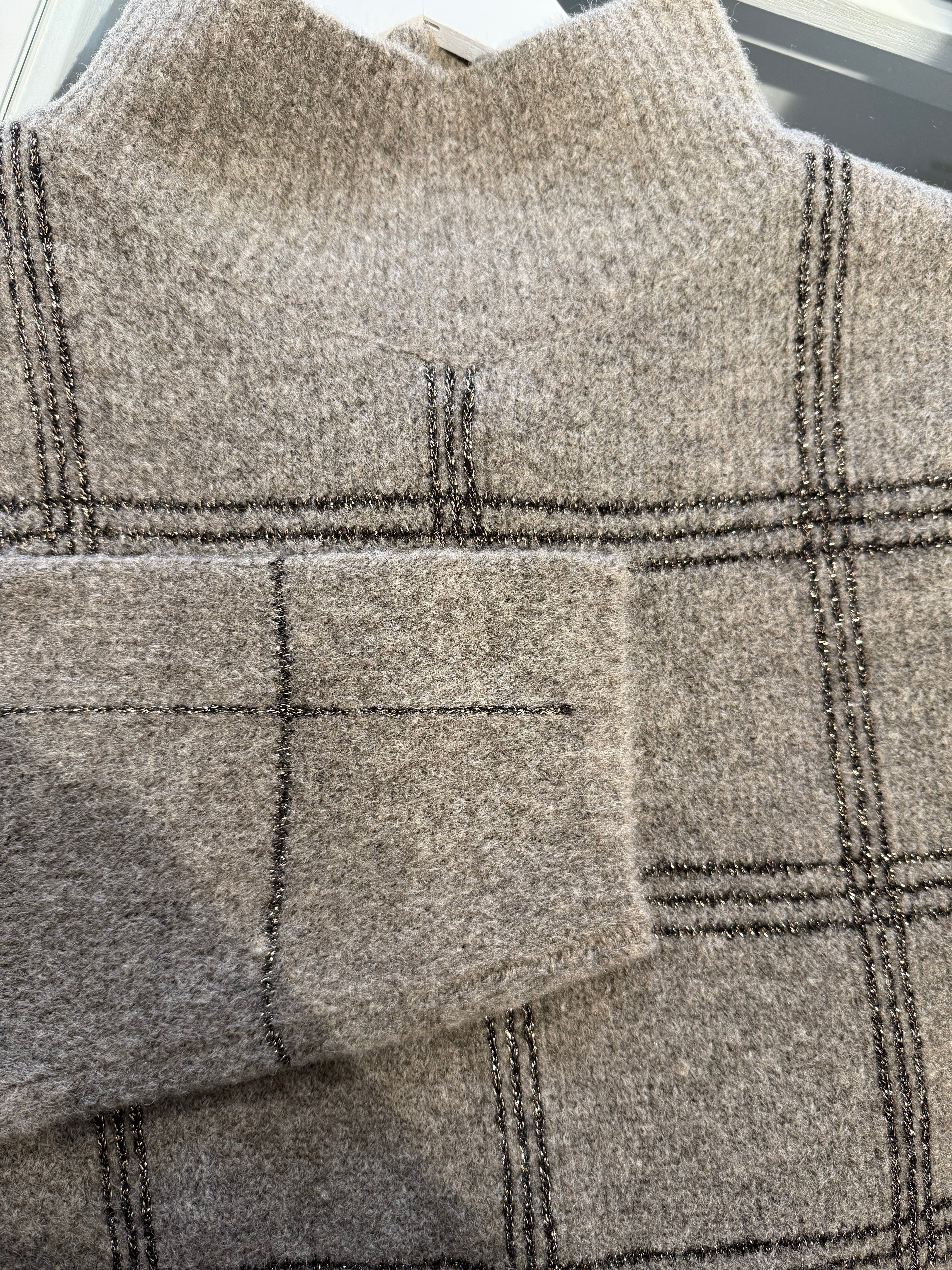 Brown Checkered Knit Top with Gold-Thread Accents