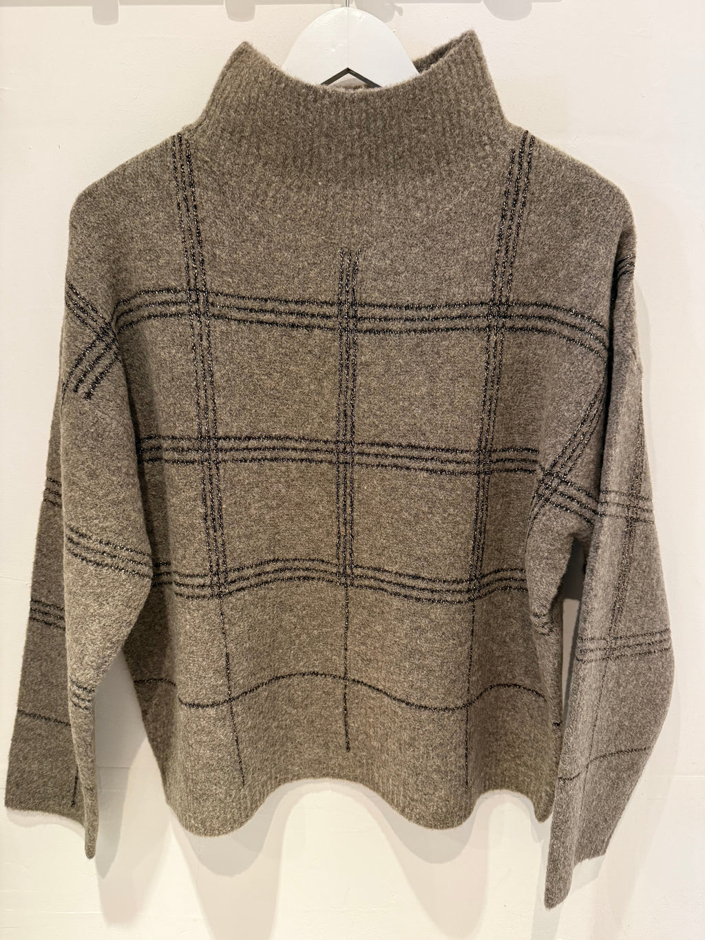 Brown Checkered Knit Top with Gold-Thread Accents