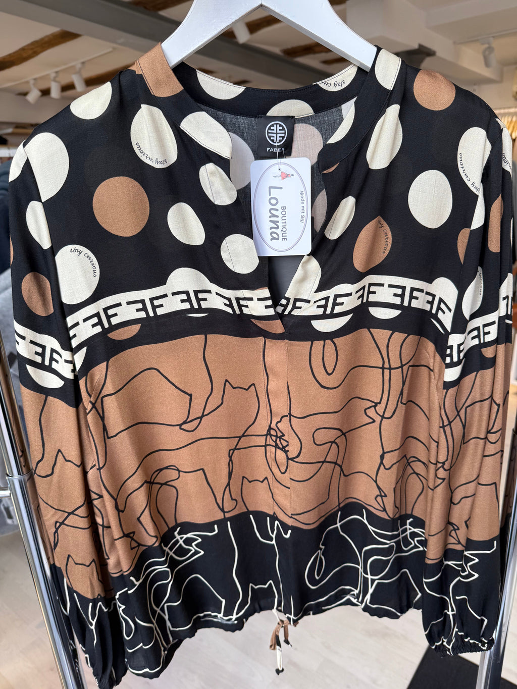 Patterned Blouse in Brown Black and Cream White