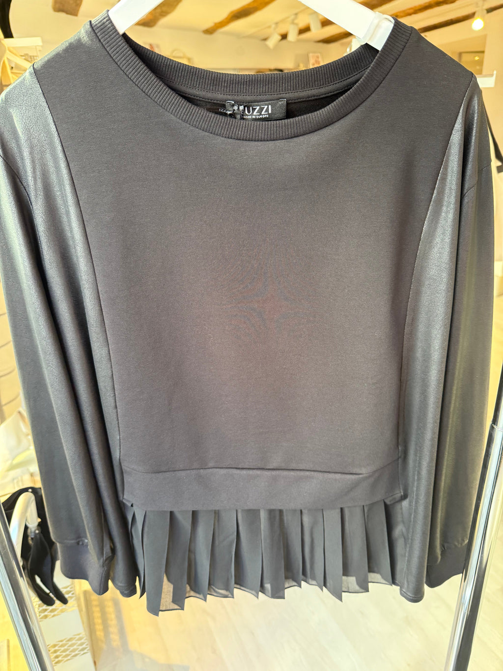 Black Sweatshirt with Pleated Hem & Satin-Finish Sleeves