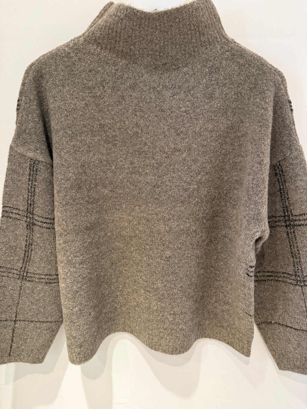 Brown Checkered Knit Top with Gold-Thread Accents