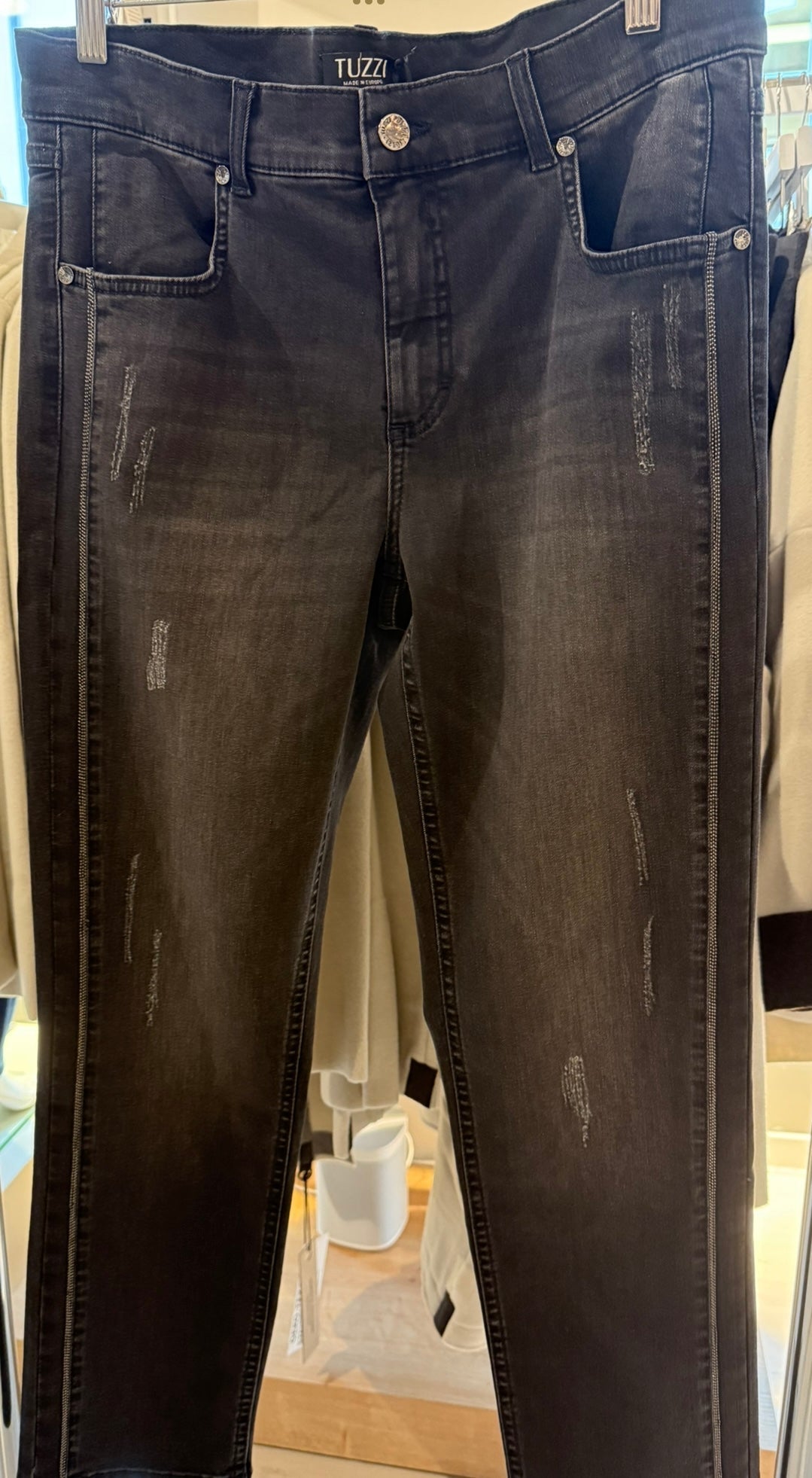 Grey Denim Jeans with Distressed Details & Metal Rivets