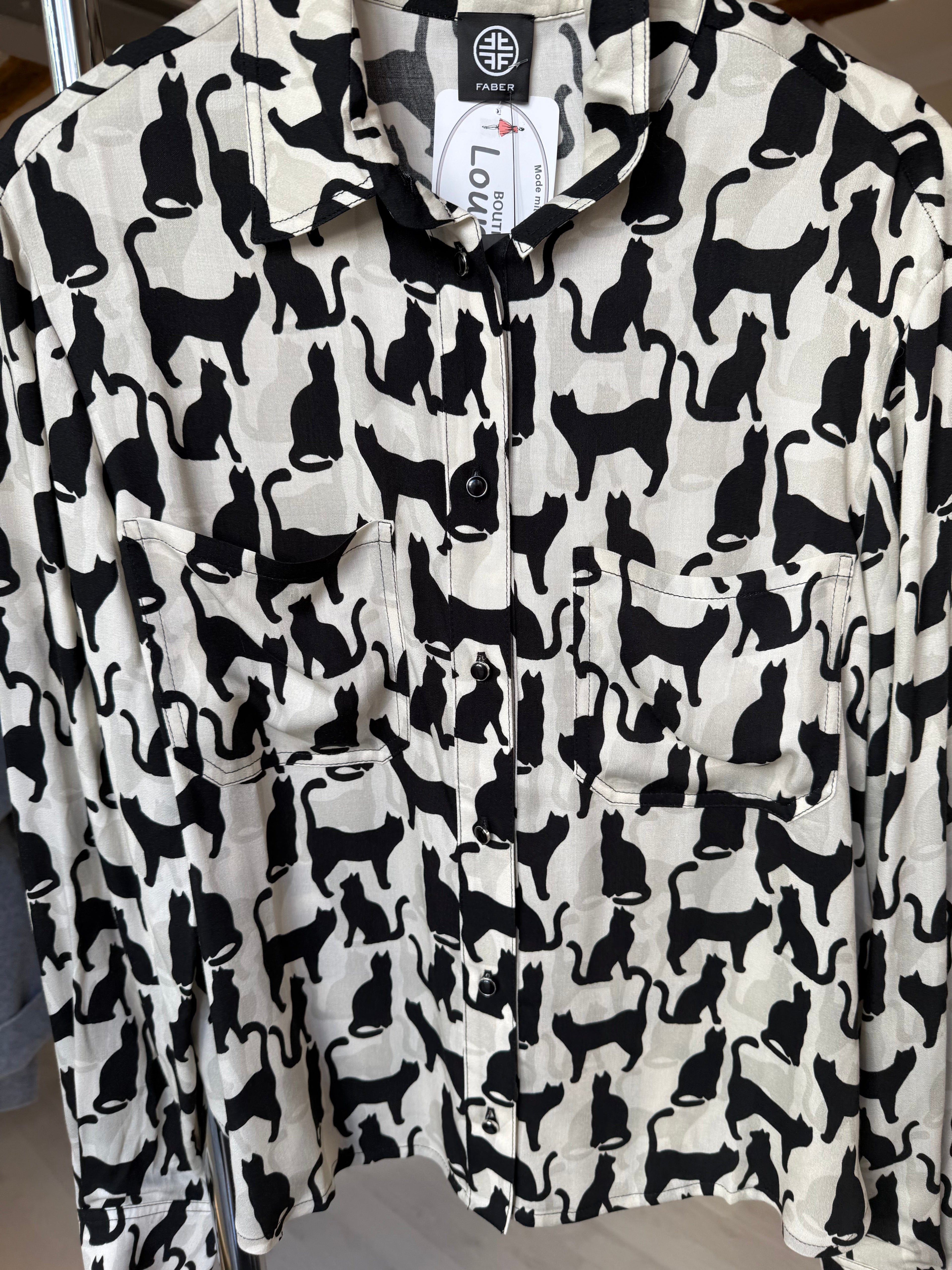 Beige Blouse with Black Cat and White Card Print