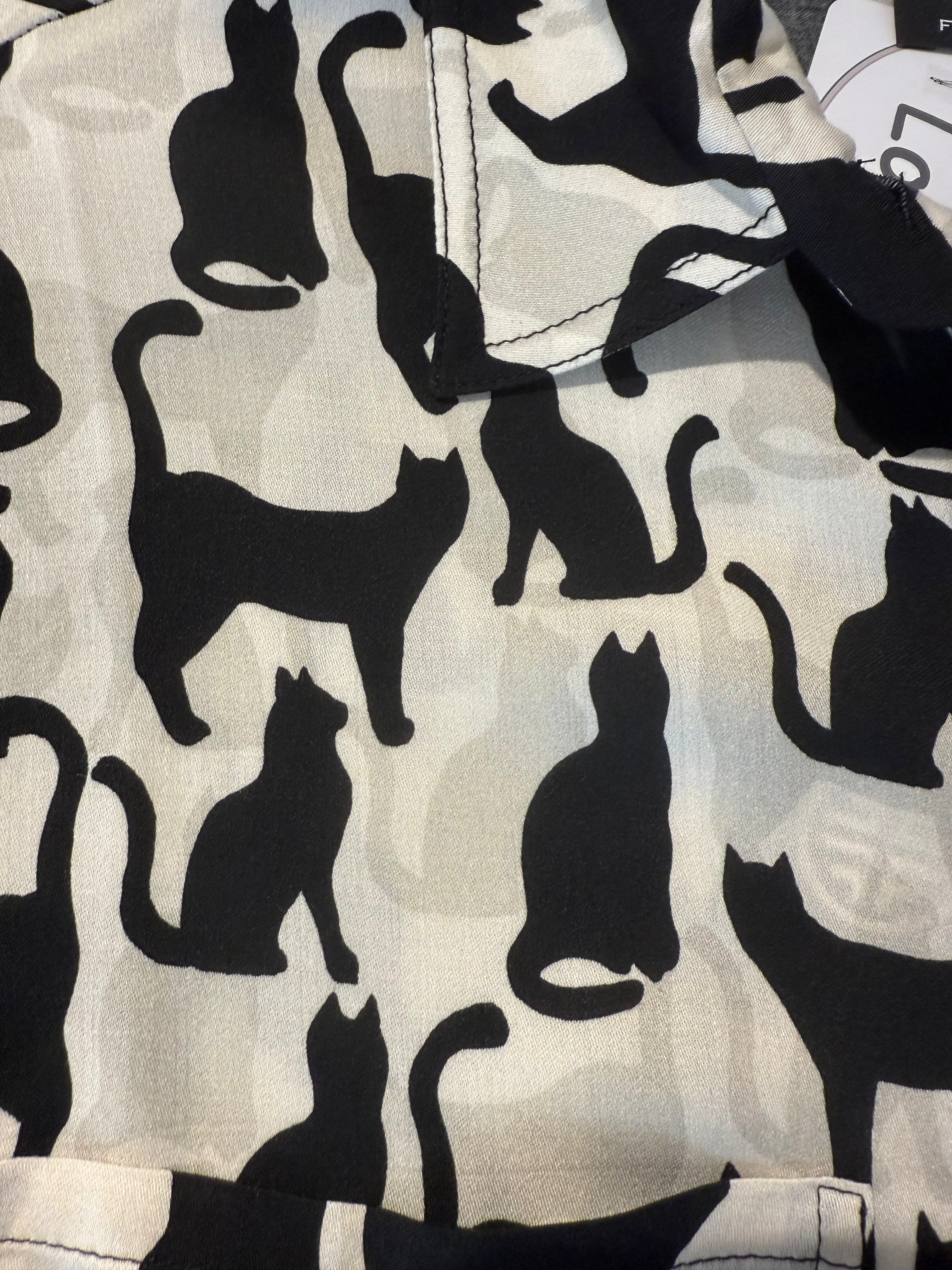 Beige Blouse with Black Cat and White Card Print