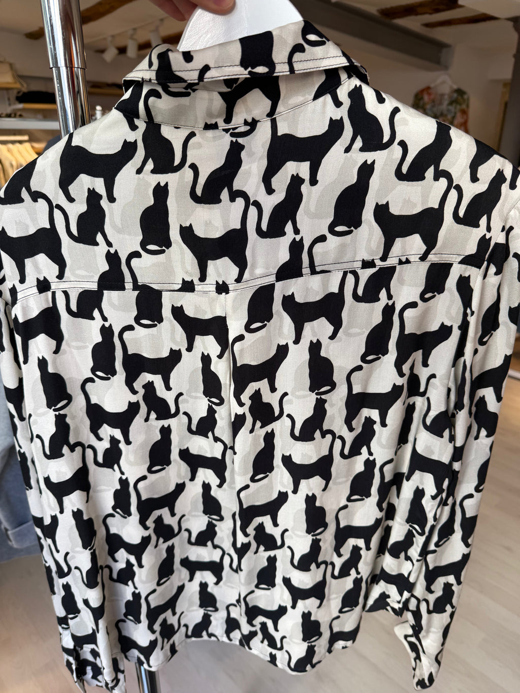 Beige Blouse with Black Cat and White Card Print