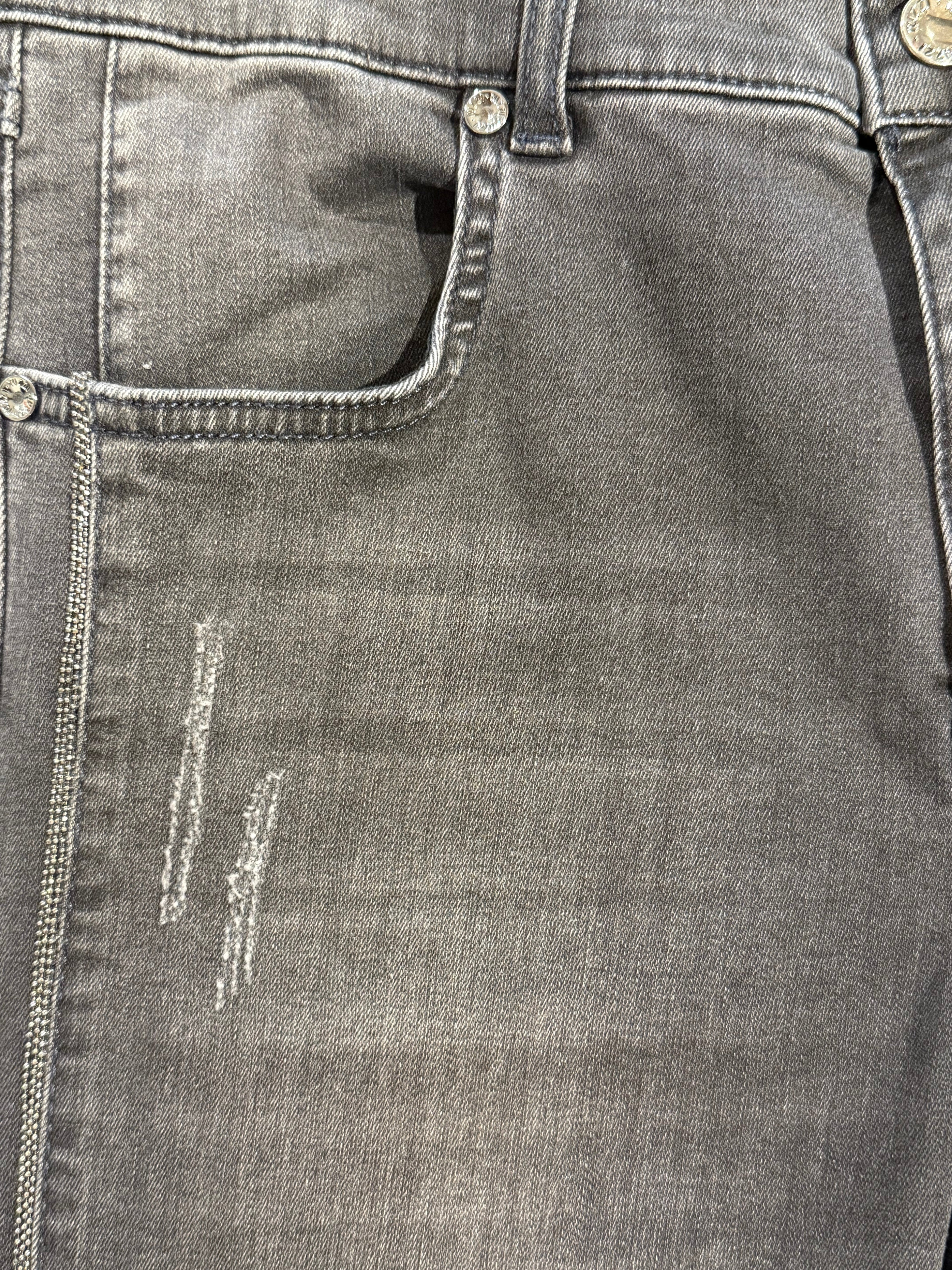 Grey Denim Jeans with Distressed Details & Metal Rivets