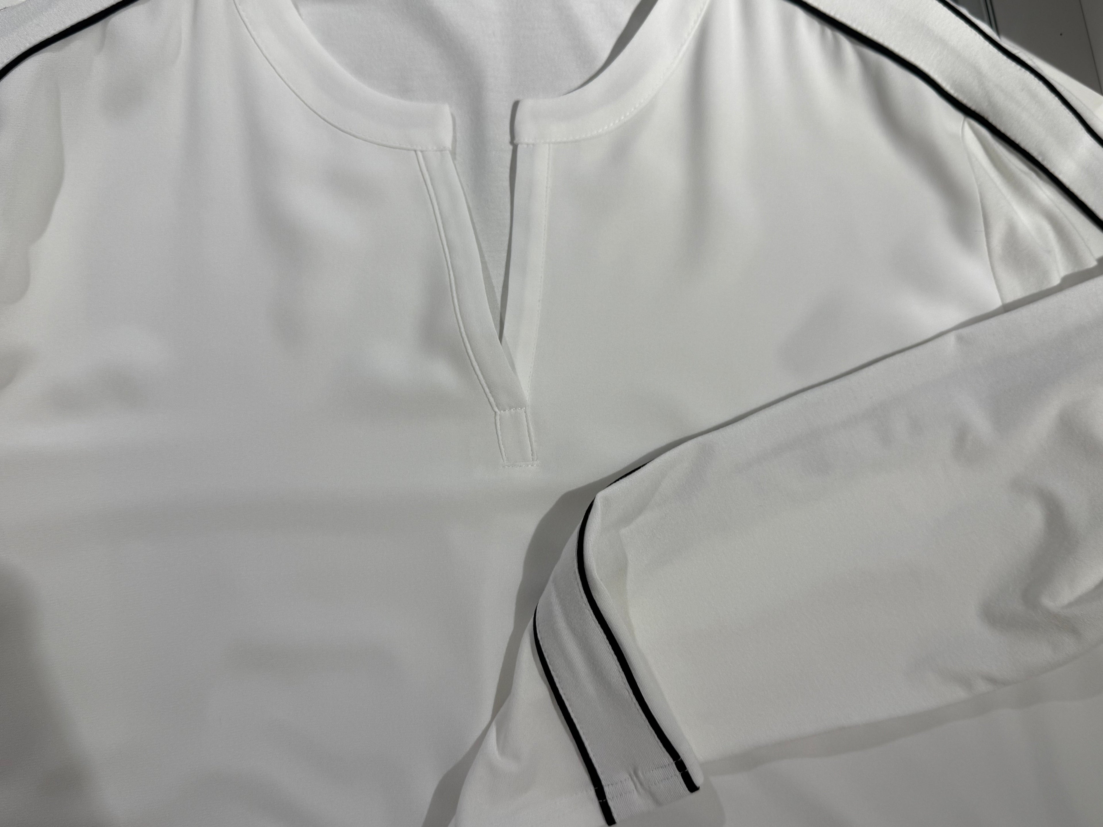 White Blouse with Contrast Piping & Split Neckline