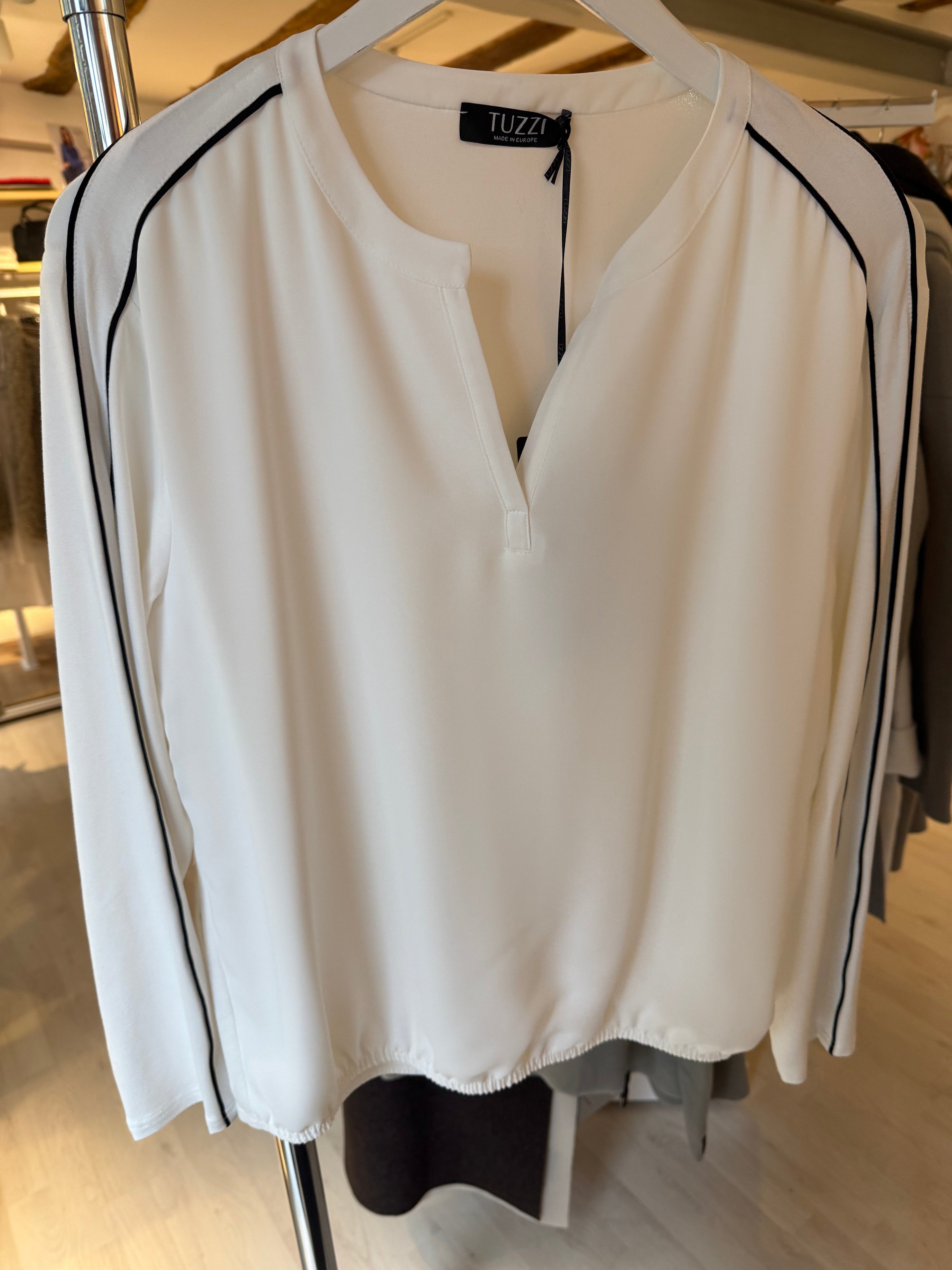 White Blouse with Contrast Piping & Split Neckline