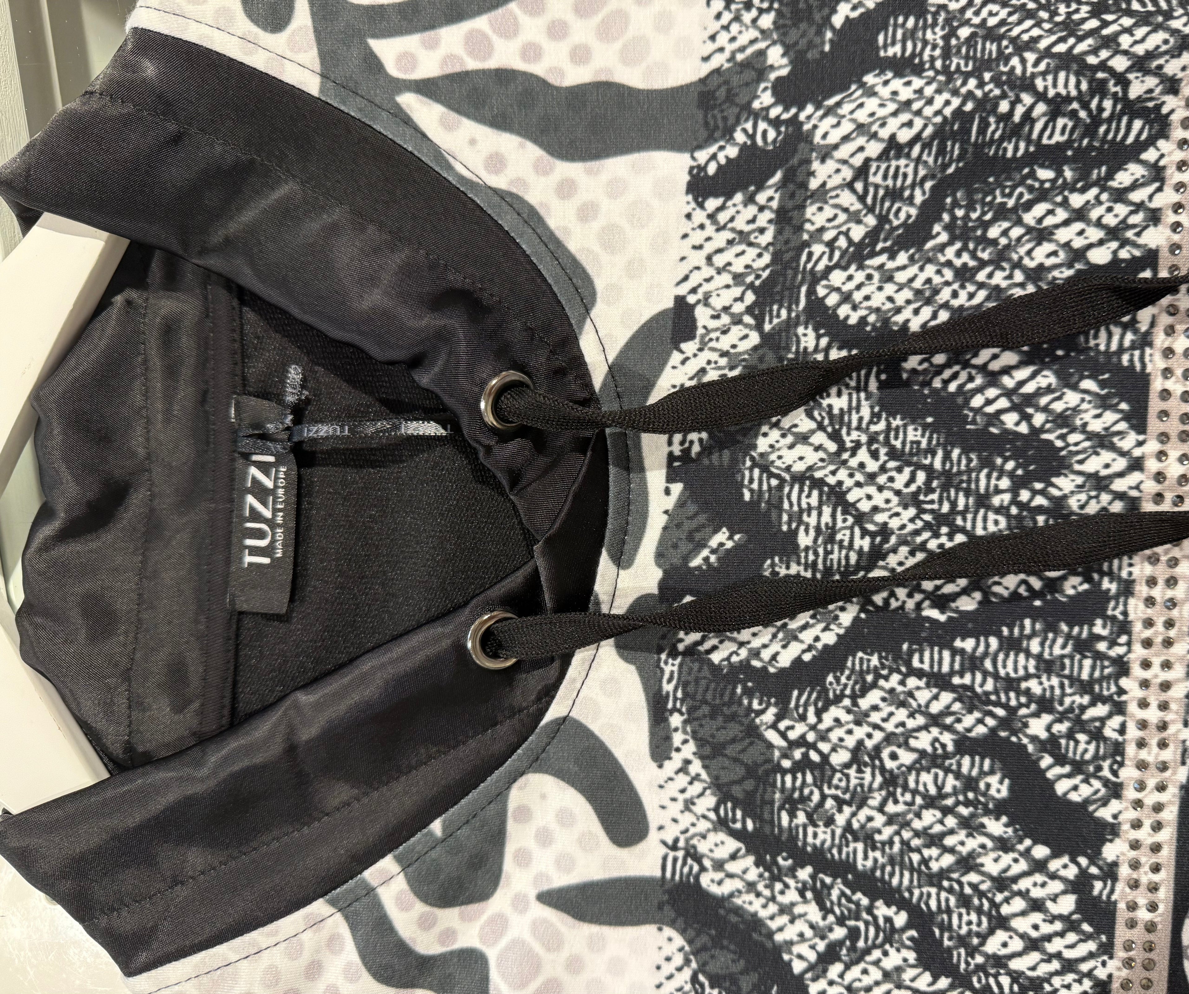 Black Dress with Patterned Front and Drawstring Detail