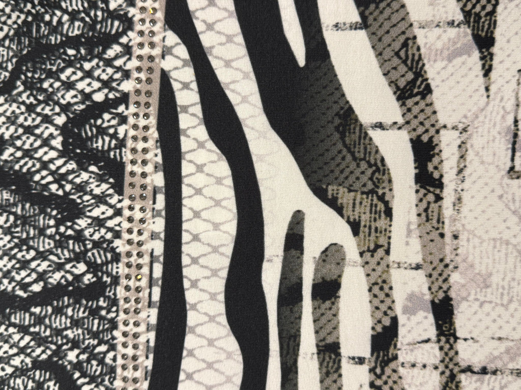 Black Dress with Patterned Front and Drawstring Detail