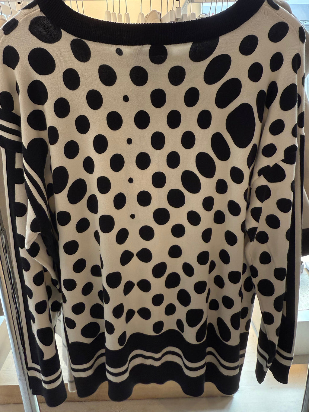Black & White Top with Polka Dot Design and Side Stripes
