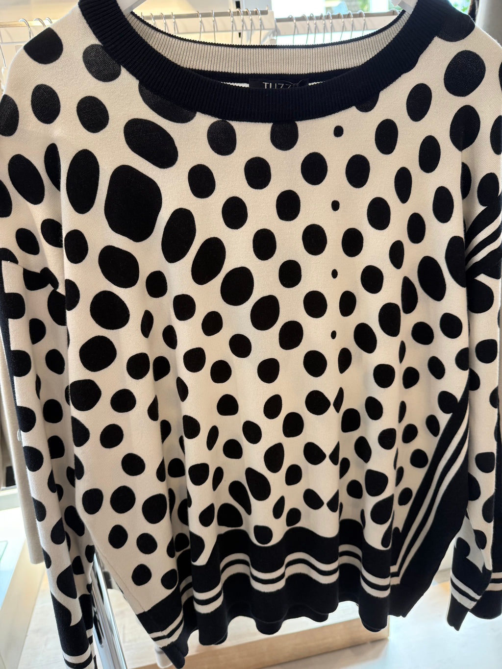 Black & White Top with Polka Dot Design and Side Stripes