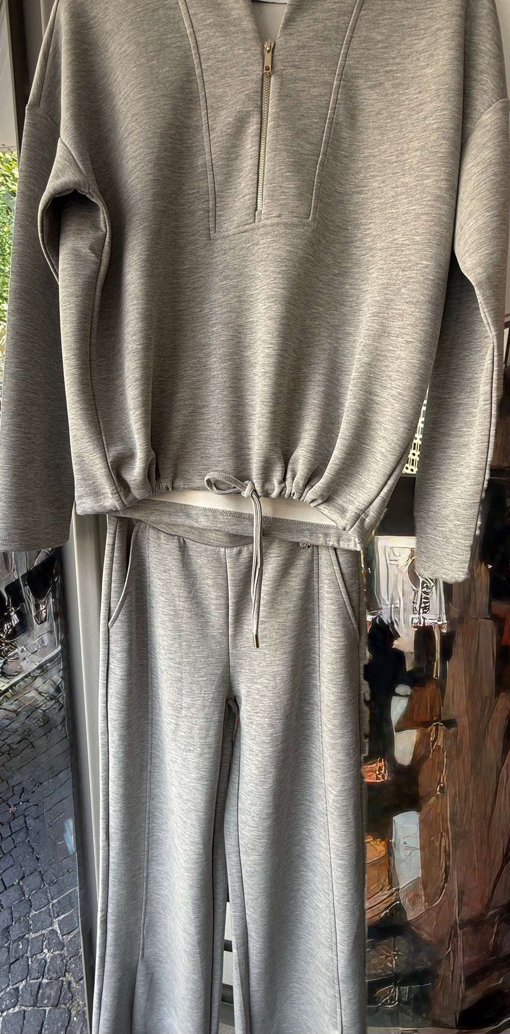 Regular length pants with straight wide leg Grey melange