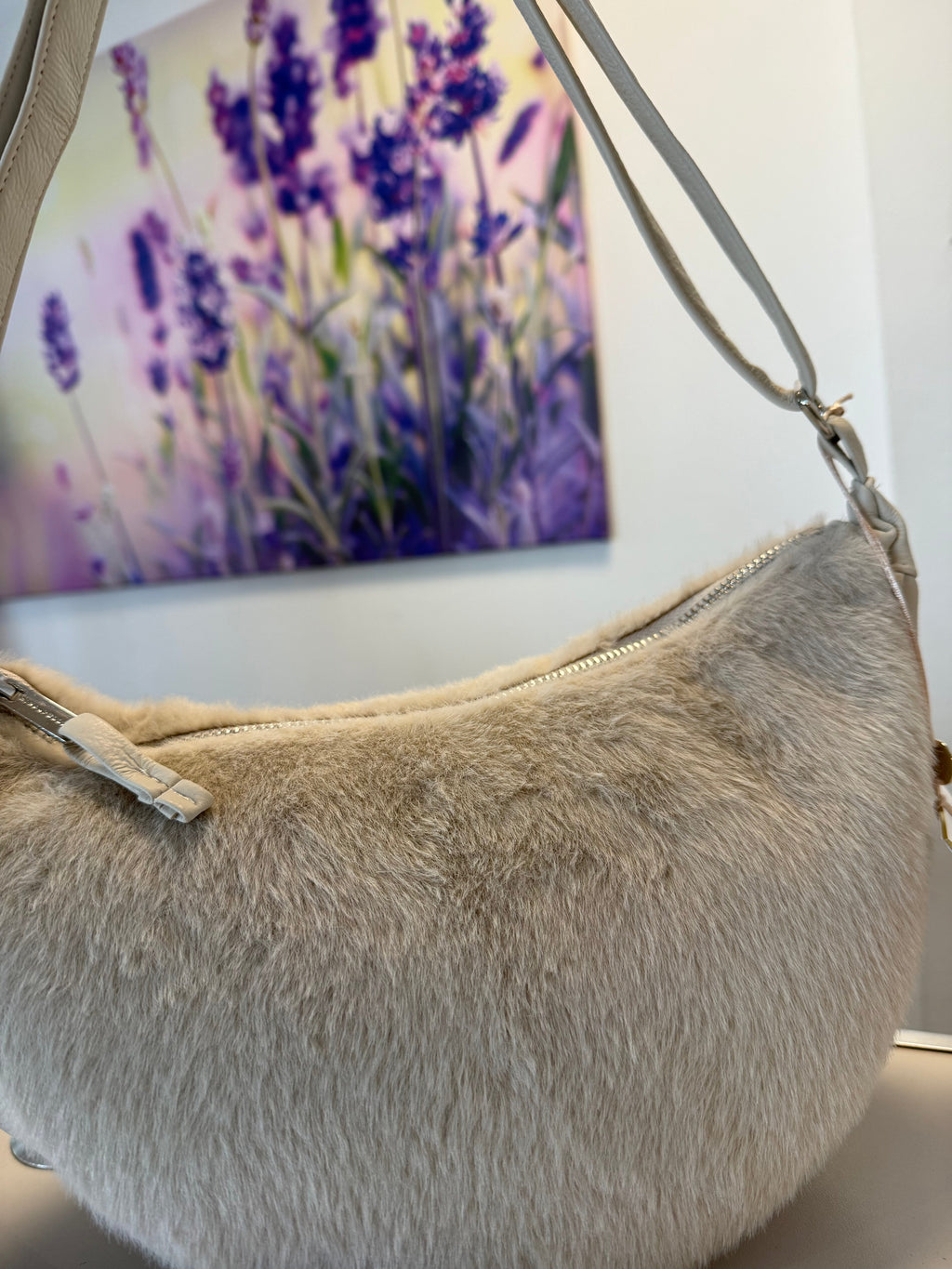 Cream Beige Faux-Fur Shoulder Bag