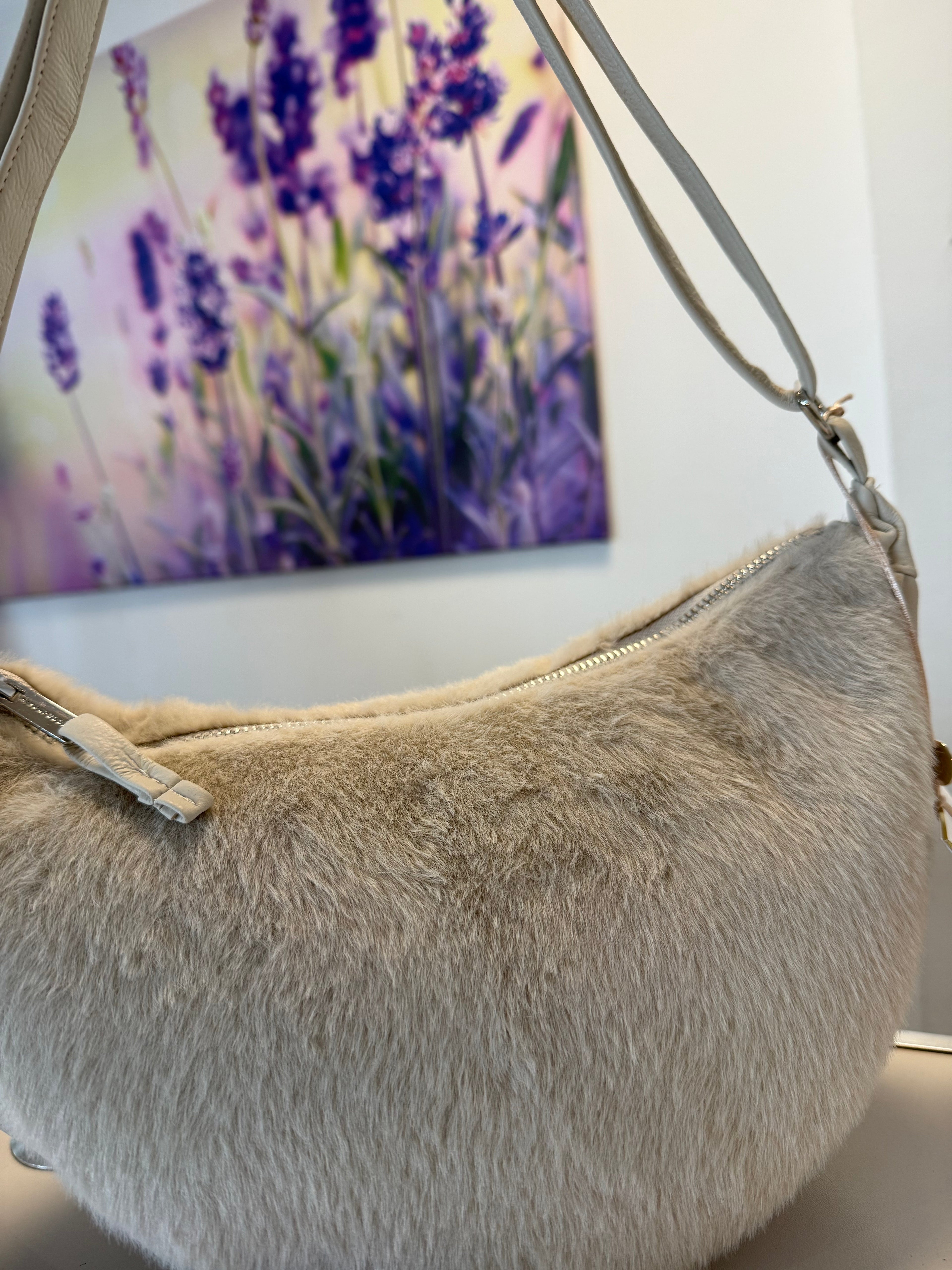 Cream Beige Faux-Fur Shoulder Bag