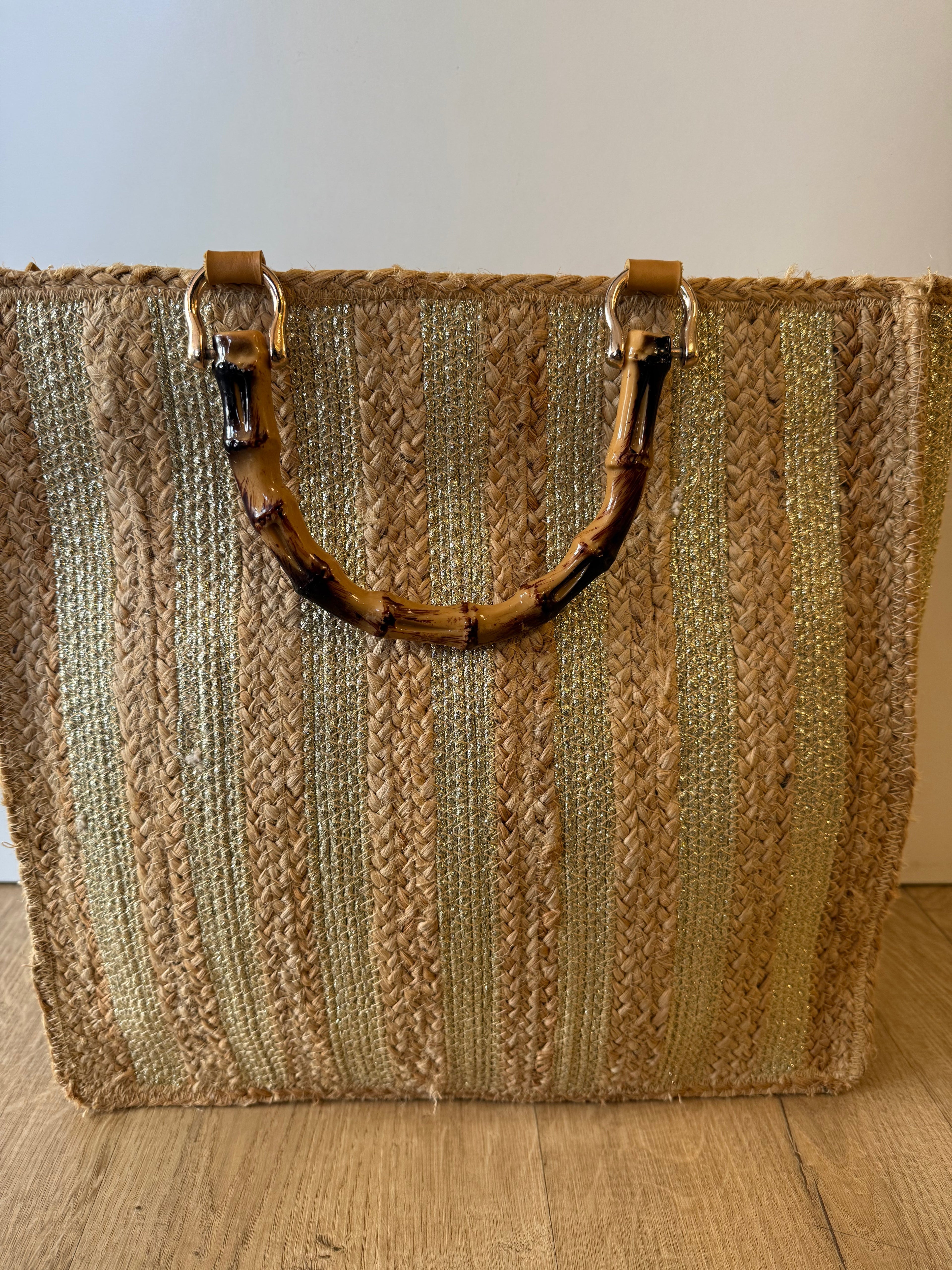 Beaded Straw Tote Bag with Bamboo Handles