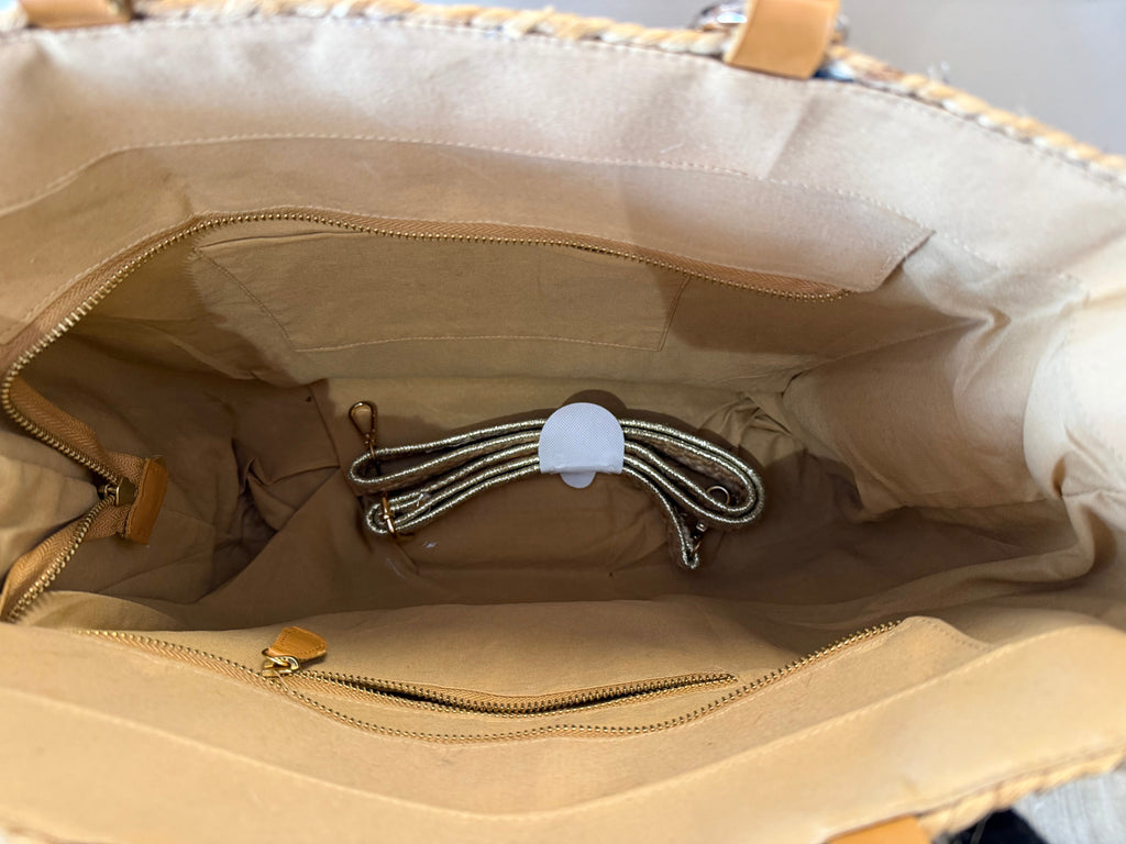 Beaded Straw Tote Bag with Bamboo Handles