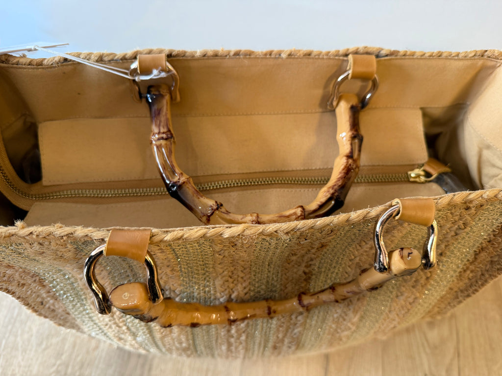 Beaded Straw Tote Bag with Bamboo Handles
