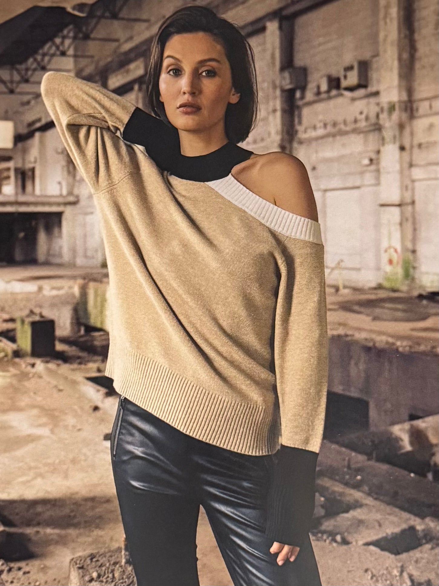 Beige Sweater with Contrast High Collar