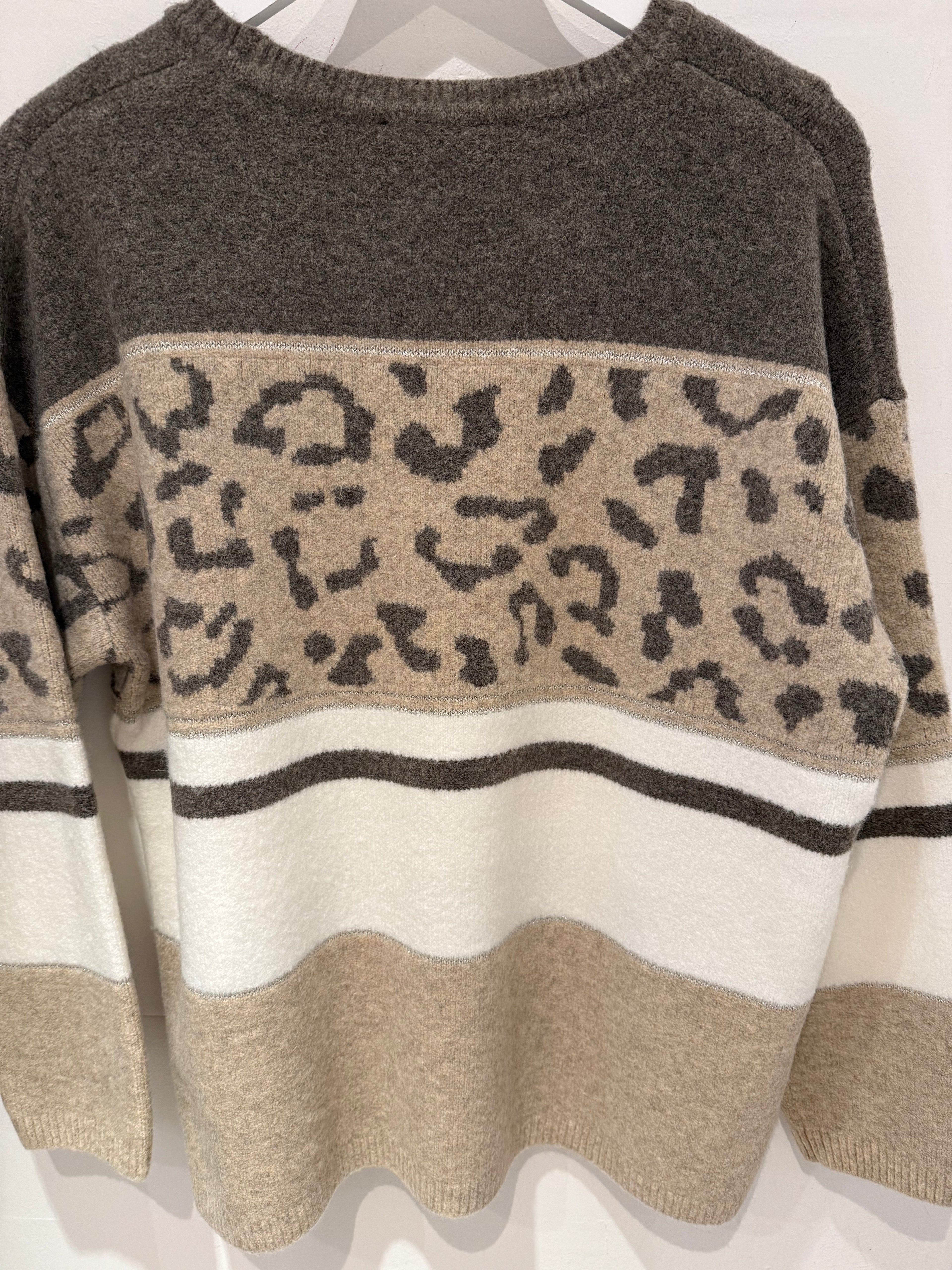 Brown & Beige Knit Sweater with Leopard and Glitter Details