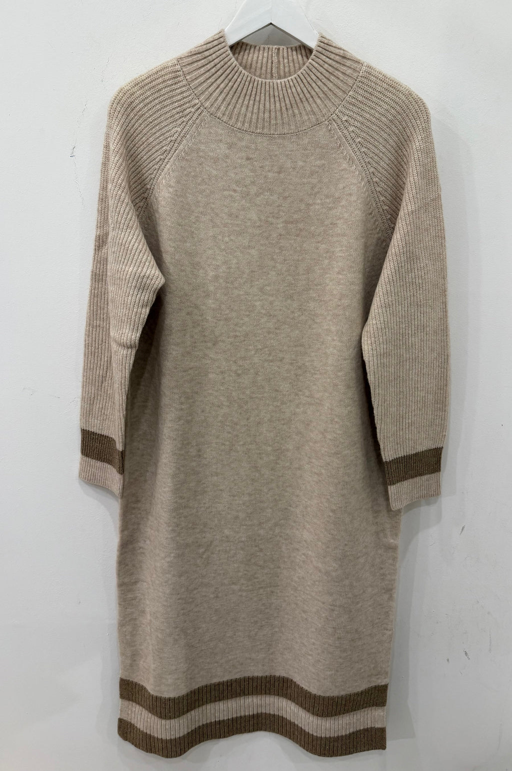 Beige Knit Dress with Striped Detail